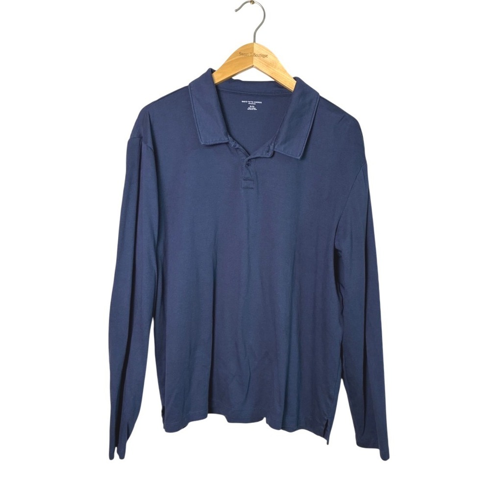 SAKS FIFTH AVENUE Men's XL Navy Ultra Luxe Long Sleeve Cotton Polo Shirt Preppy